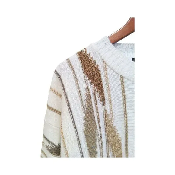 Vintage 80's Protegé Collection Men Sweater XL Cream Brown 3D Geometric Striped